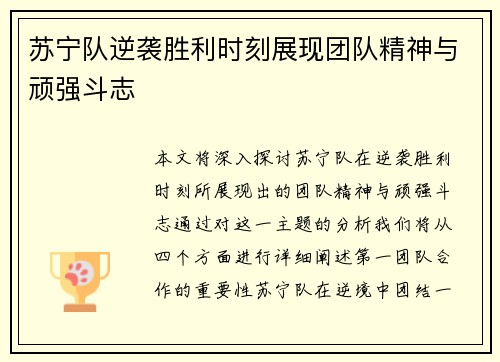 苏宁队逆袭胜利时刻展现团队精神与顽强斗志 