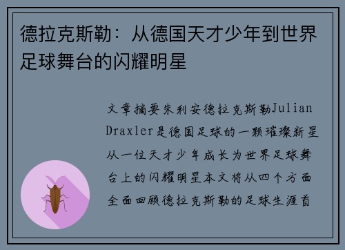德拉克斯勒：从德国天才少年到世界足球舞台的闪耀明星